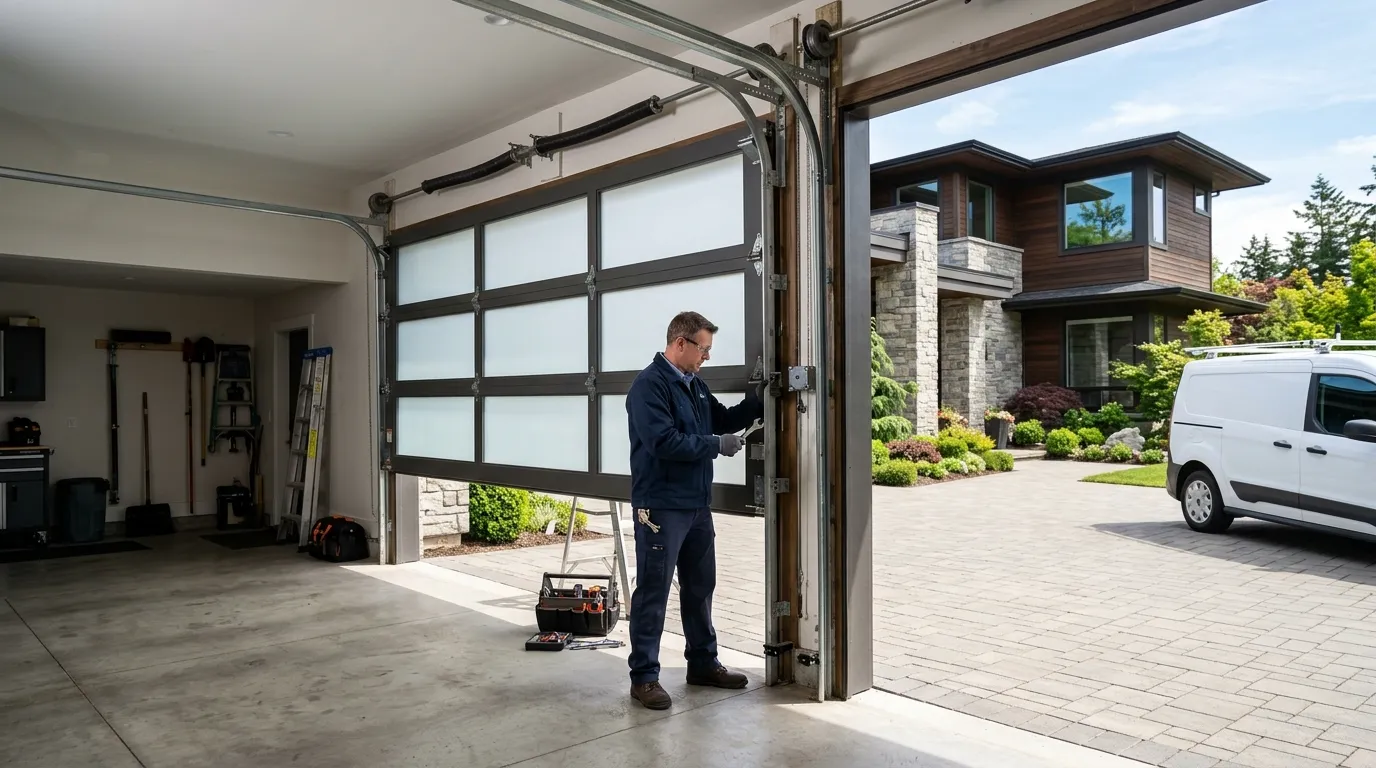 Garage door technician repairing a residential garage door in Plano Texas