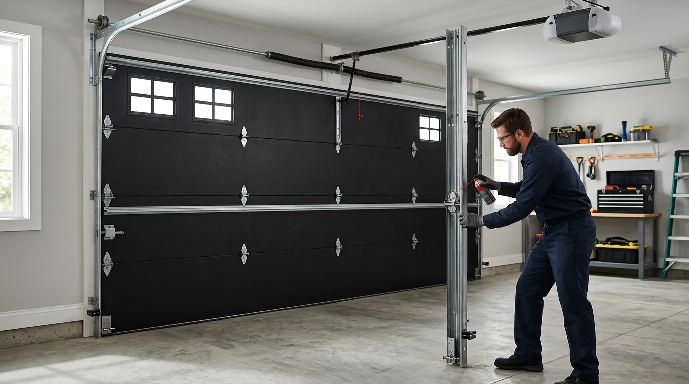 Garage door technician inspecting springs tracks rollers and opener